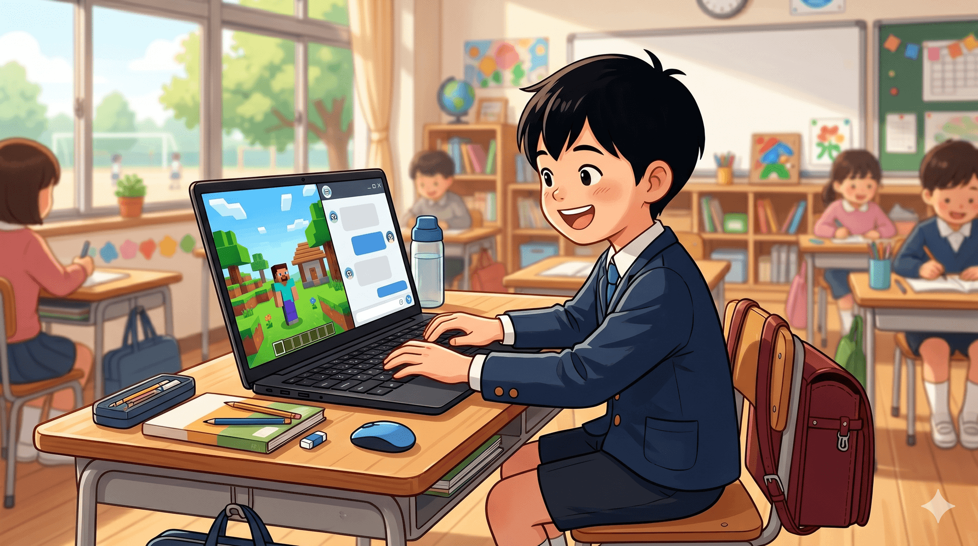 教室でマイクラAIコーディングを楽しむ生徒