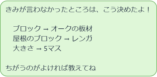 AIの返答。「きみが言わなかったところは、こう決めたよ! ブロック→オークの板材/屋根のブロック→レンガ/大きさ→5マス ちがうのがよければ教えてね」