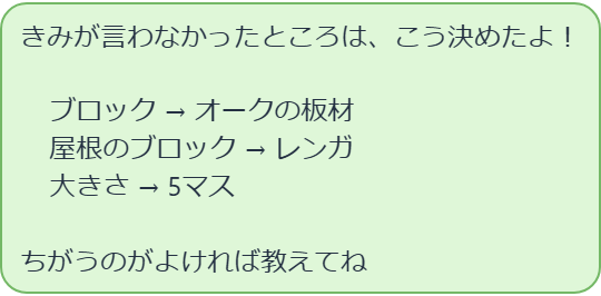 AIの返答。「きみが言わなかったところは、こう決めたよ! ブロック→オークの板材/屋根のブロック→レンガ/大きさ→5マス ちがうのがよければ教えてね」